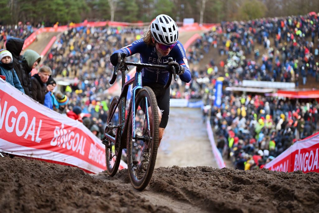 ZONHOVEN BELGIUM DECEMBER 22 Puck Pieterse of The Netherlands and Team FenixDeceuninck competes during the 28th Zonhoven UCI CycloCross Worldcup 2024 Womens Elite on December 22 2024 in Zonhoven Belgium Photo by Luc ClaessenGetty Images