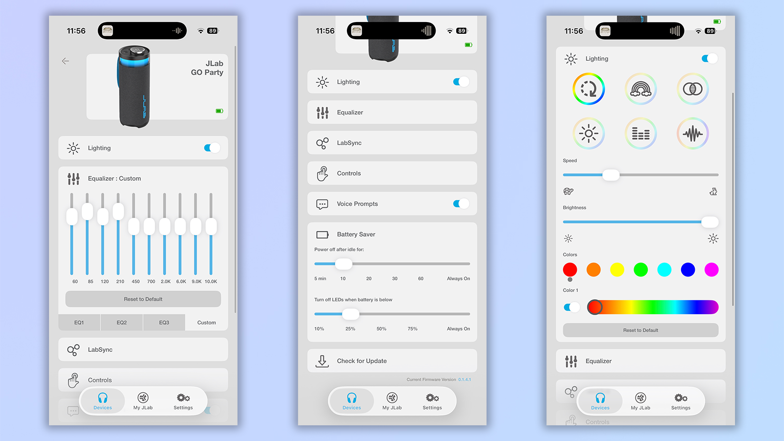 the jlab app with the go party speaker showing light customization options and eq and the homepage