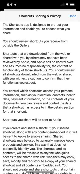 Screenshot showing the first half of the Shortcuts Sharing & Privacy Policy sub-page.