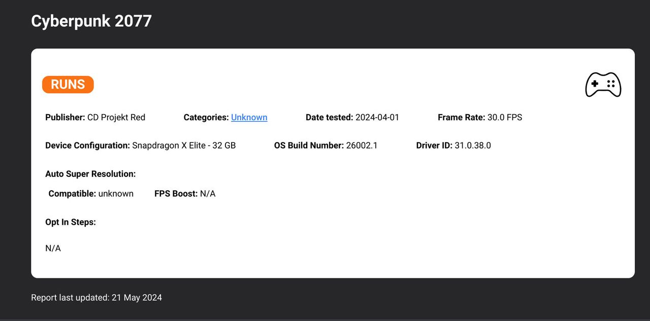 worksonwoa.com performance reports for games running on Snapdragon X Elite