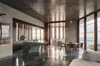 living space with stone and concrete surfaces