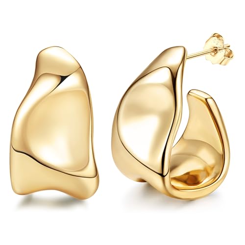 Adramata Chunky Gold Earrings - Sterling Silver &amp;amp; 14k Gold Plated Hoop &amp;amp; Huggie Teardrop Statement Earrings