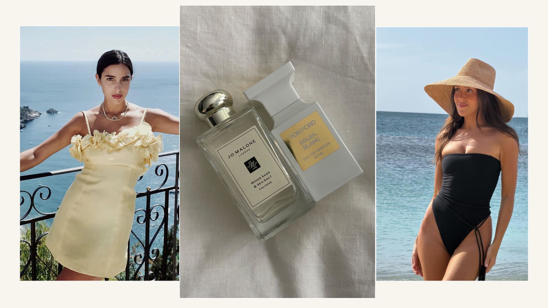 A collage of two of the best salty perfumes and two women taking pictures by the sea