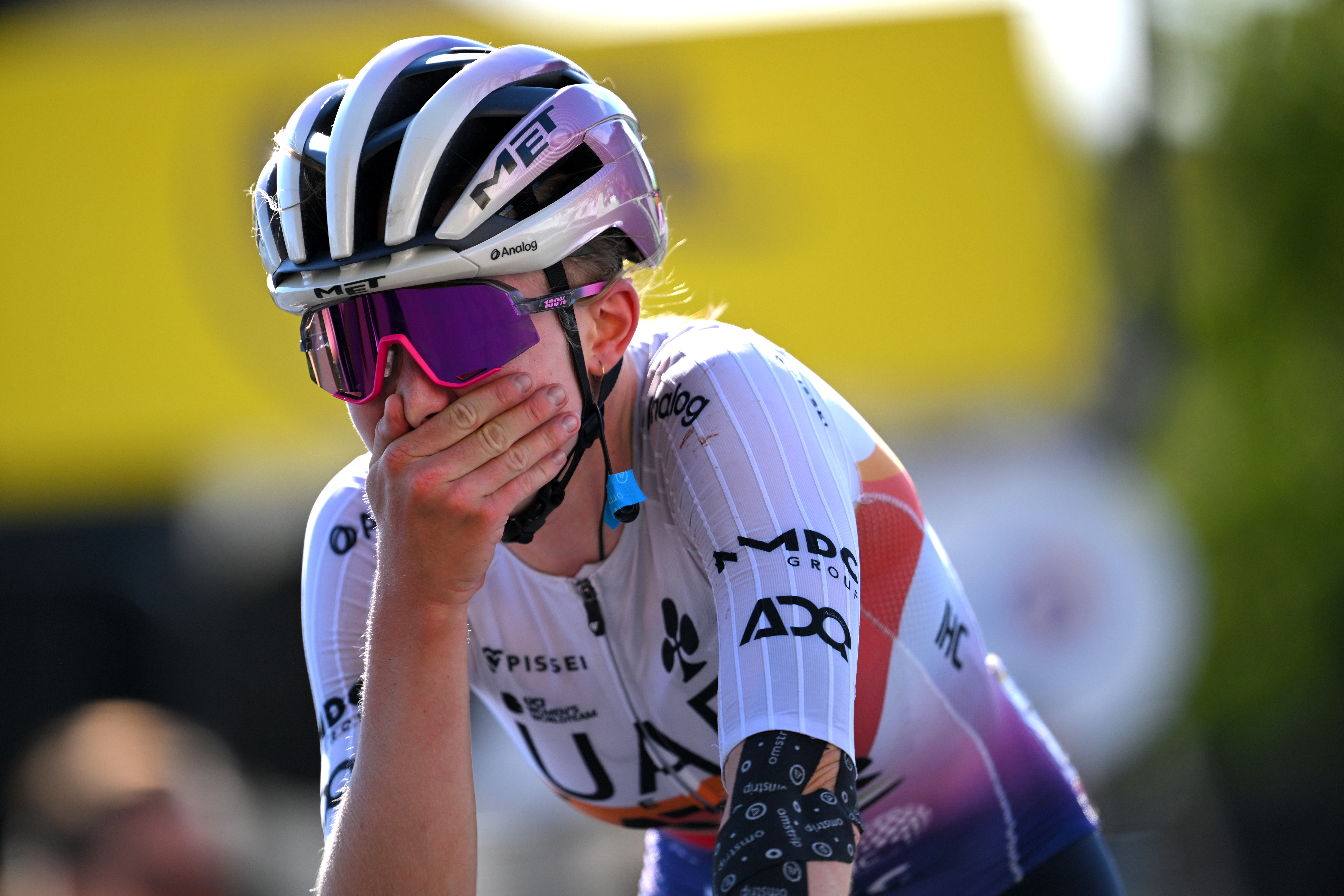 AMBERT, FRANCE - JULY 31: Maeva Squiban of France and UAE Team ADQ celebrates at finish line as stage winner during the 4th Tour de France Femmes 2025, Stage 6 /a 123.7km stage from Clermont-Ferrand to Ambert #UCIWWT / on July 31, 2025 in Ambert, France. (Photo by Tim de Waele/Getty Images)