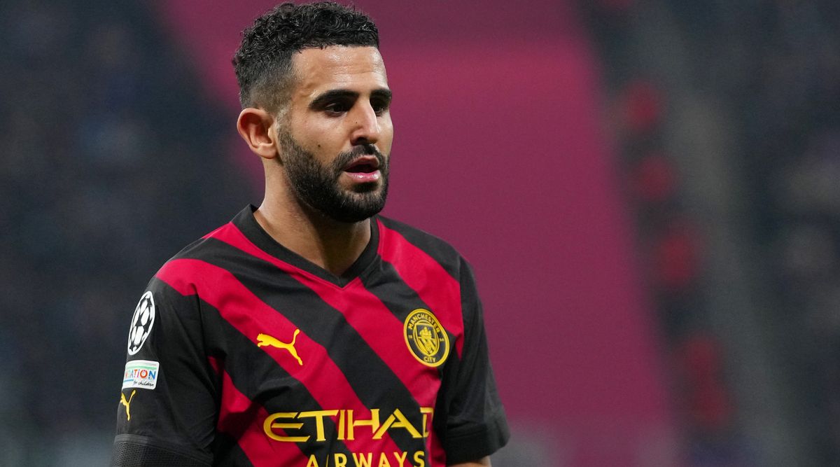 Riyad Mahrez of Manchester City looks on during the UEFA Champions League last 16 first leg match between RB Leipzig and Manchester City at the Red Bull Arena on 22 February, 2023 in Leipzig, Germany.