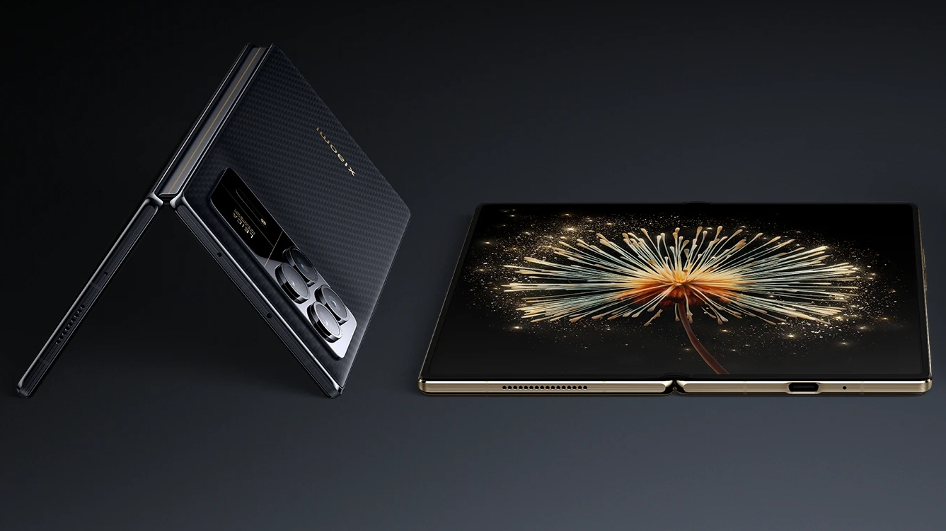 A press render of the Xiaomi Mix Fold 3 both open and half open