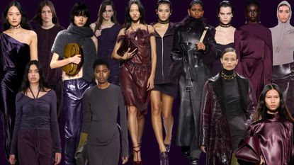 Collage of runway images featuring models wearing plum color trend. 