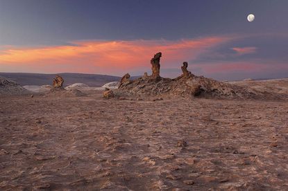 Salt pillars rise from the desert floor in Valle de la Luna.