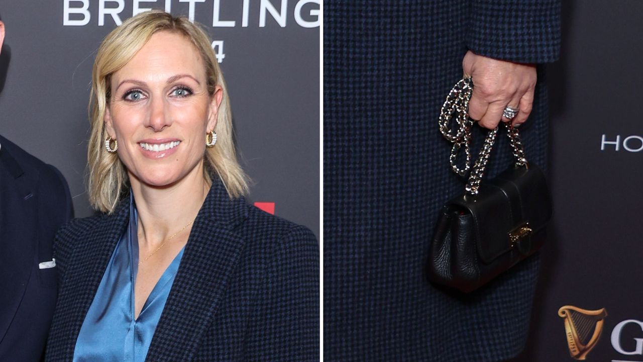 A composite of a picture of Zara Tindall attending the world premiere of the Netflix documentary &quot;Six Nations: Full Contact&quot; and a picture close-up of her handbag at the event