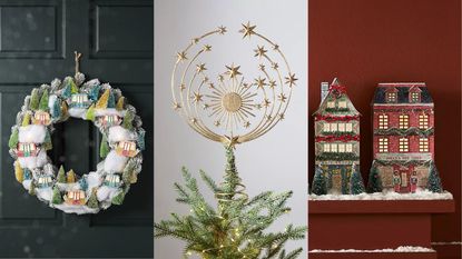 A three-panel image of Anthropologie holiday decor: a light-up gondola wreath; a tree topper; and a light-up Christmas village