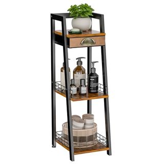 Keomaisyto 3-Tier Slim Bathroom Ladder Shelf with fake plant, brown plastic bottles of liquid soaps and a round wicker basket