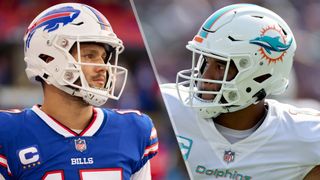 (L to R) Josh Allen #17 of the Buffalo Bills and Tua Tagovailoa #1 of the Miami Dolphins will face off in the Bills vs Dolphins live stream