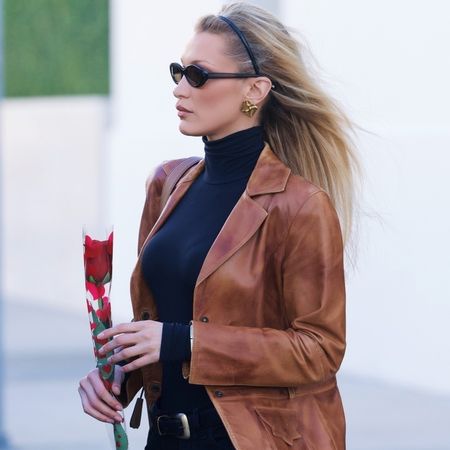 Bella Hadid tested the Spring 2026 leather blazer trend with a turtleneck and pointy boots