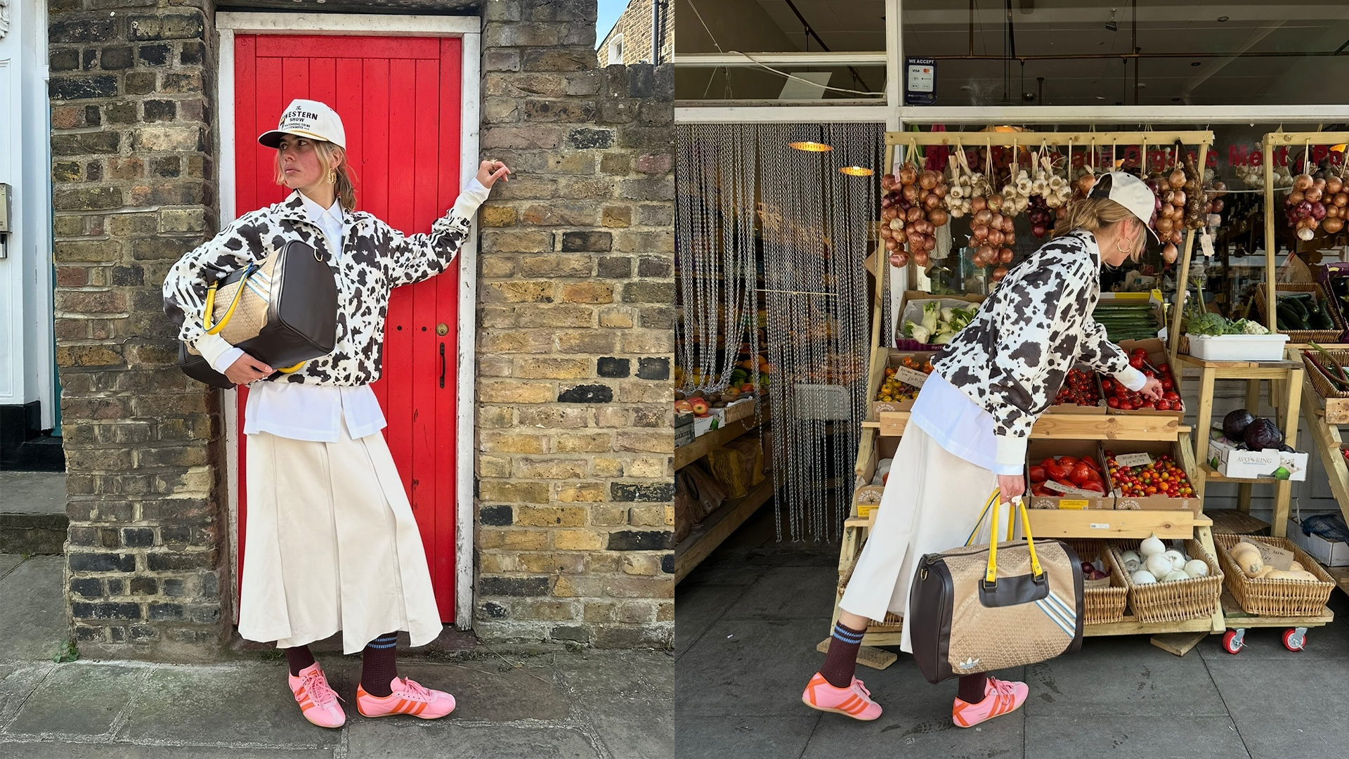 torivan wears white skirt and pink sneakers, and a cow print jacket while posing