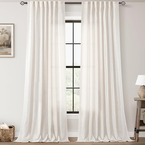 Cream Natural Linen Curtains 84 Inch Length 2 Panels Set Neutral Rustic Farmhouse Living Room Drapes Back Tab Pleated Look Light Filtering Privacy Semi Sheer Curtains 84 Inches Long Ivory Colored