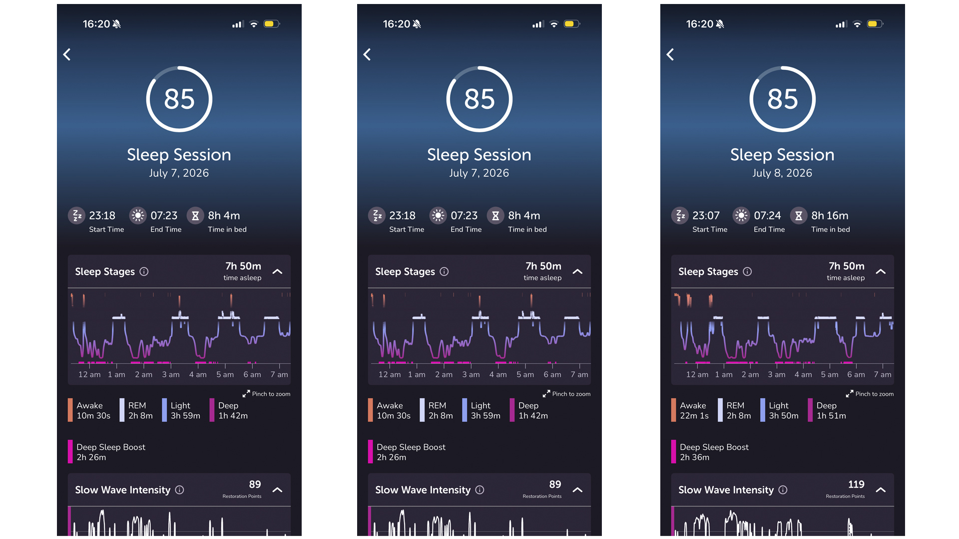 A series of screenshots showing the Muse S Athena sleep tracking data