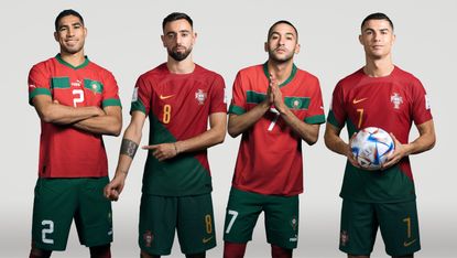 Morocco’s Achraf Hakimi and Hakim Ziyech and Portugal’s Bruno Fernandes and Cristiano Ronaldo 