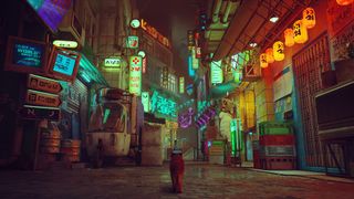 Stray safe codes, cat walking down a cyberpunk street lit with neon signs