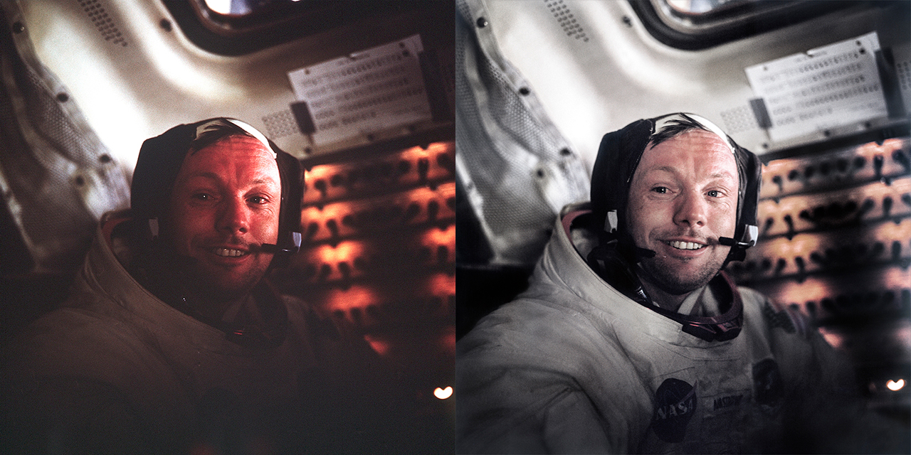 Before and after: Neil Armstrong as seen on NASA's website and the same photo in "Apollo Remastered."