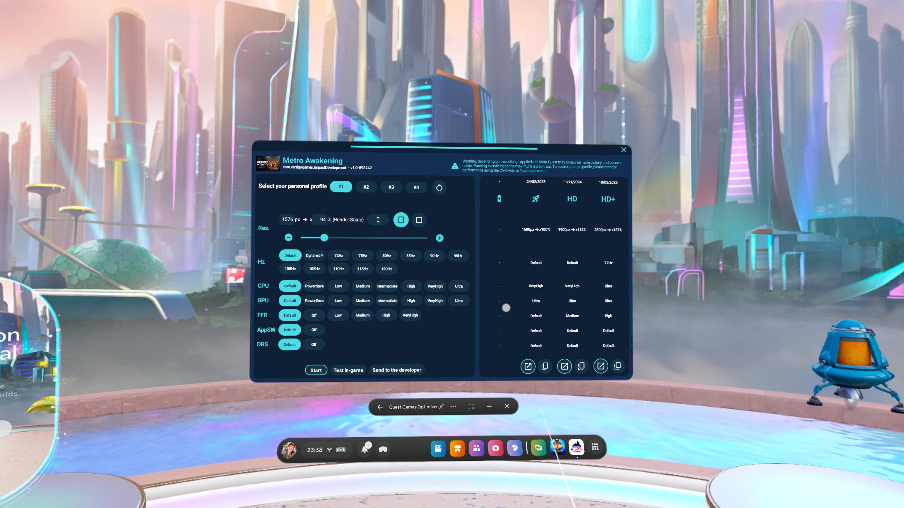 Quest Game Optimizer app game settings shown on Meta Quest 3 in VR