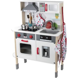 kitchen with wooden toy and white background