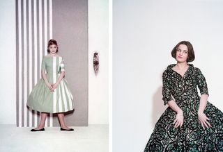 Two models one in green and white striped dress and one in green floral dress