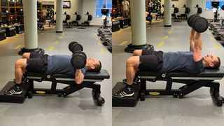 Trainer Luiz Silva demonstrates two positions of the dumbbell bench press