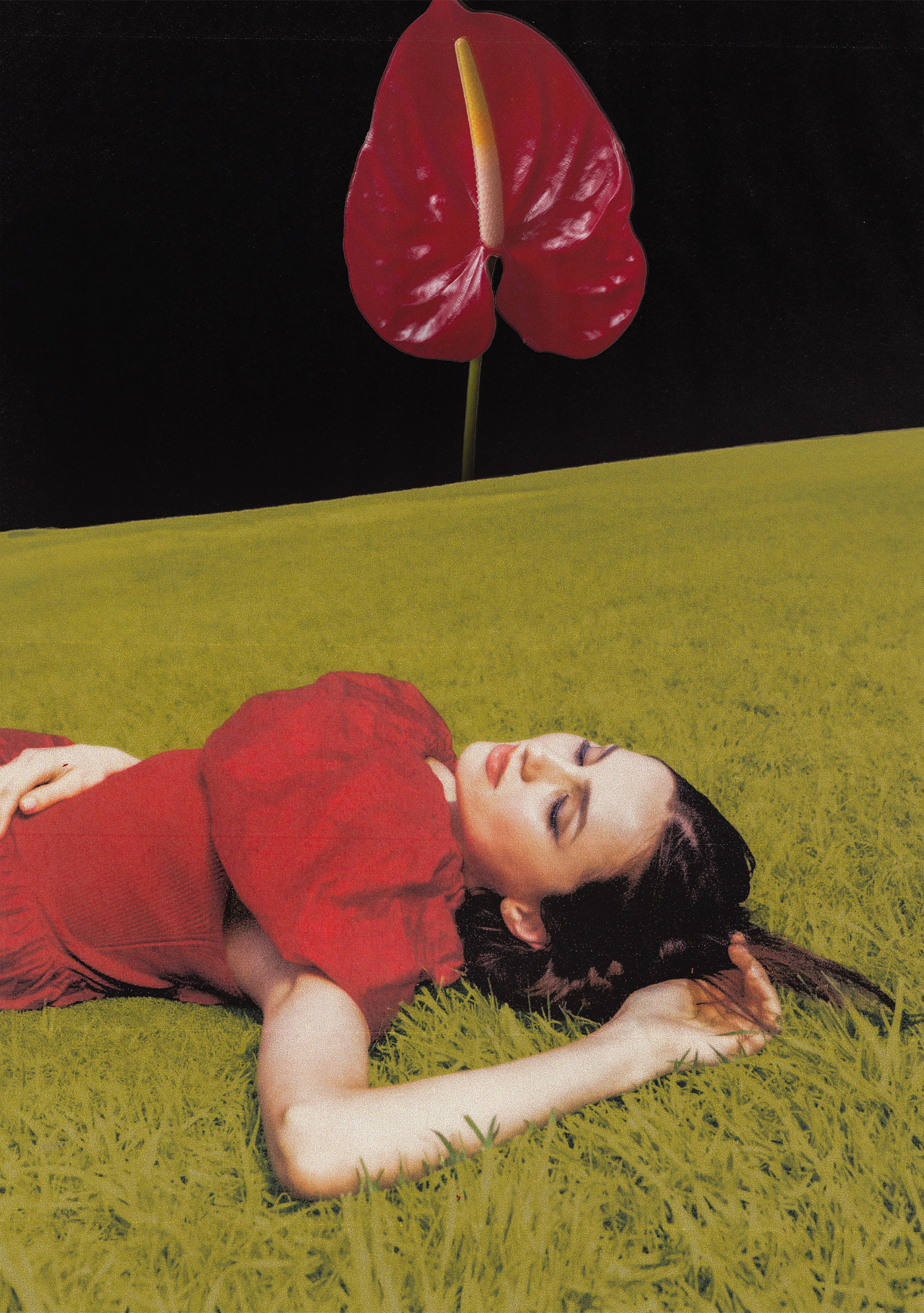 Maude Apatow photographed by Dana Trippe for Who What Wear. She is lying in the grass wearing a red top.