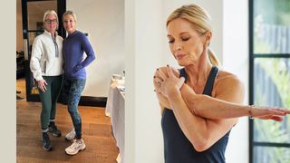 Kerrie Hughes standing next to Caroline Idiens wearing workout clothes, beside Caroline demonstrating shoulder stretch, reaching arm across her body in brightly lit room