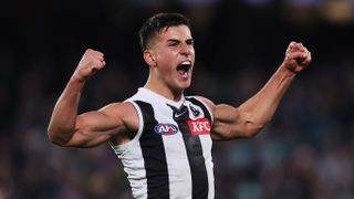 Nick Daicos of the Magpies celebrates a goal ahead of the Collingwood vs Brisbane Lions AFL Grand Final 2023. 