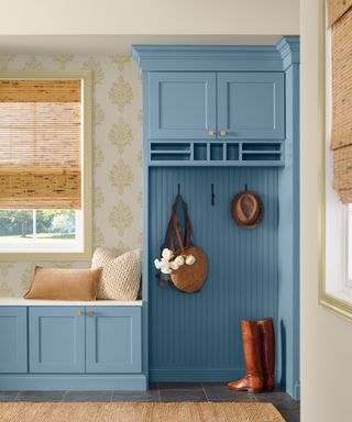 Shoe room with blue built-in cupboards and clothes storage