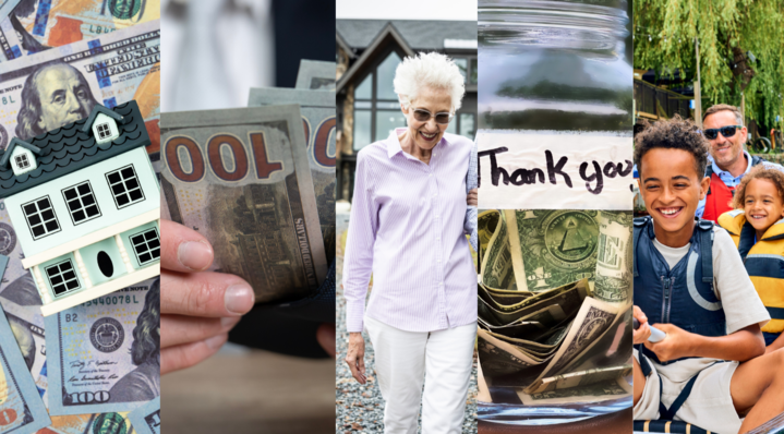 Image shows a collage including a house, money, older adult, a tip jar, and a family.