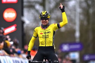 Jan Tratnik (Visma-Lease A Bike) celebrates his win at 2024 Omloop Het Nieuwsblad 