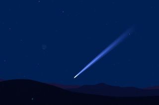 graphic illustration showing the comet in the night sky and a faint moon above.