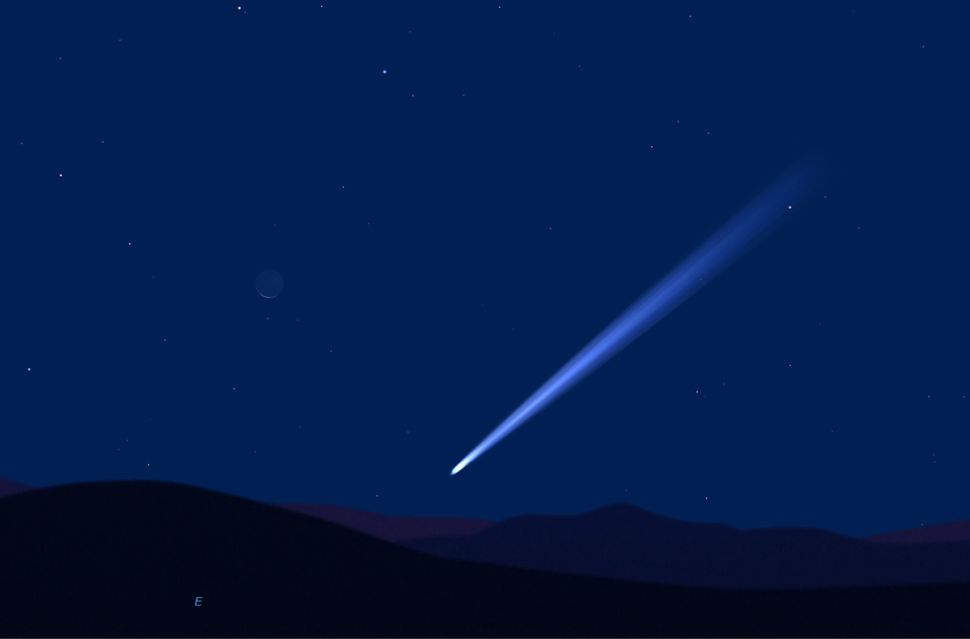 graphic illustration showing the comet in the night sky and a faint moon above.