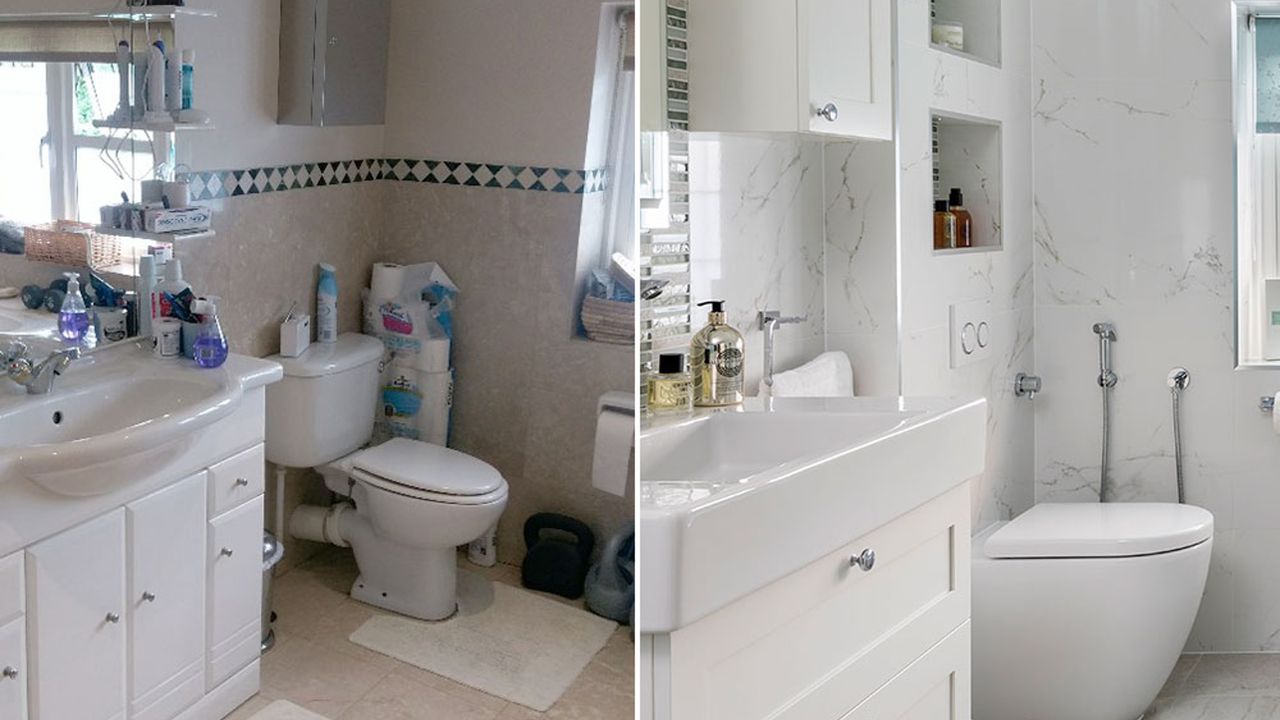 before and after images of bathroom makeover with white tiled walls