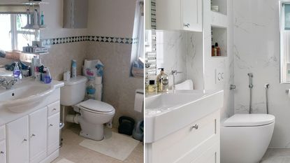 before and after images of bathroom makeover with white tiled walls