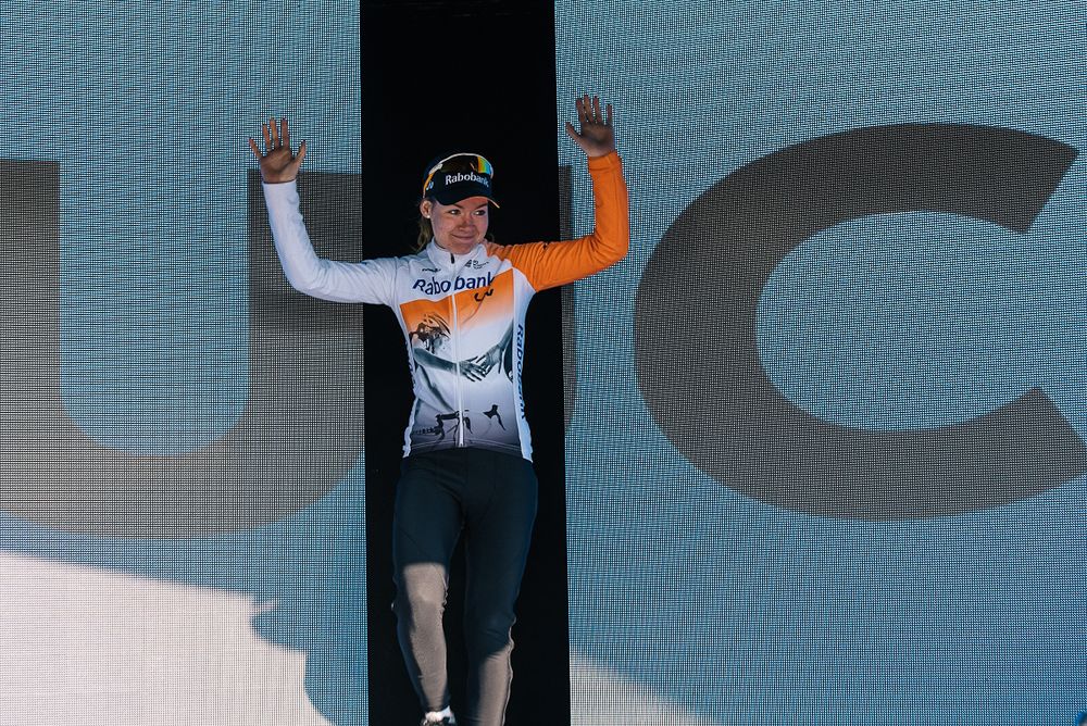 New Women's WorldTour leader, Anna van der Breggen takes to the stage to accept her jersey at Ronde van Drenthe