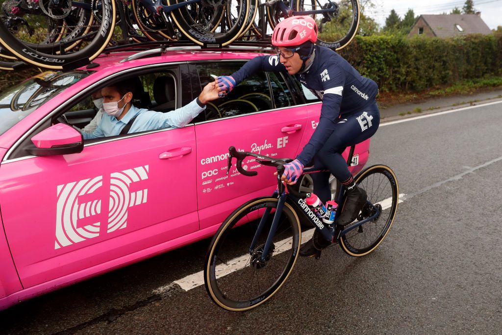 LIEGE BELGIUM OCTOBER 04 Michael Woods of Canada and Team EF Pro Cycling feeding Car during the 106th Liege Bastogne Liege 2020 Men Elite a 257km race from Liege to Liege LBL classiquesardennes on October 04 2020 in Liege Belgium Photo by Bas CzerwinskiGetty Images