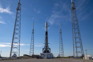 A SpaceX Falcon 9 rocket stands atop its Cape Canaveral Space Force Station launch pad to launch 143 satellites on the Transporter-1 rideshare mission from Florida's Space Coast on Jan. 23, 2021.