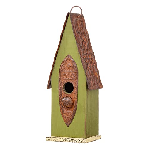 Glitzhome Distressed Green Solid Wood Birdhouse Hand Painted Hanging Bird House for Outdoors 13.25&quot; H