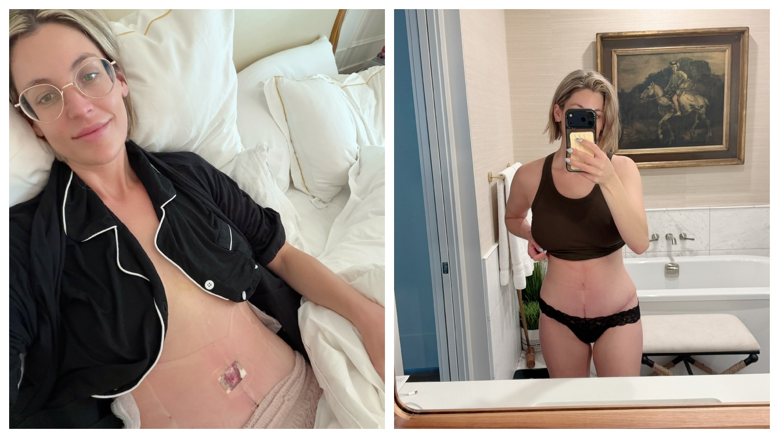 a white woman in a duo of photos, one lying down in a bed with white sheets with her bare stomach and a black sleep shirt, the other a selfie in the mirror in a black tank top and underwear
