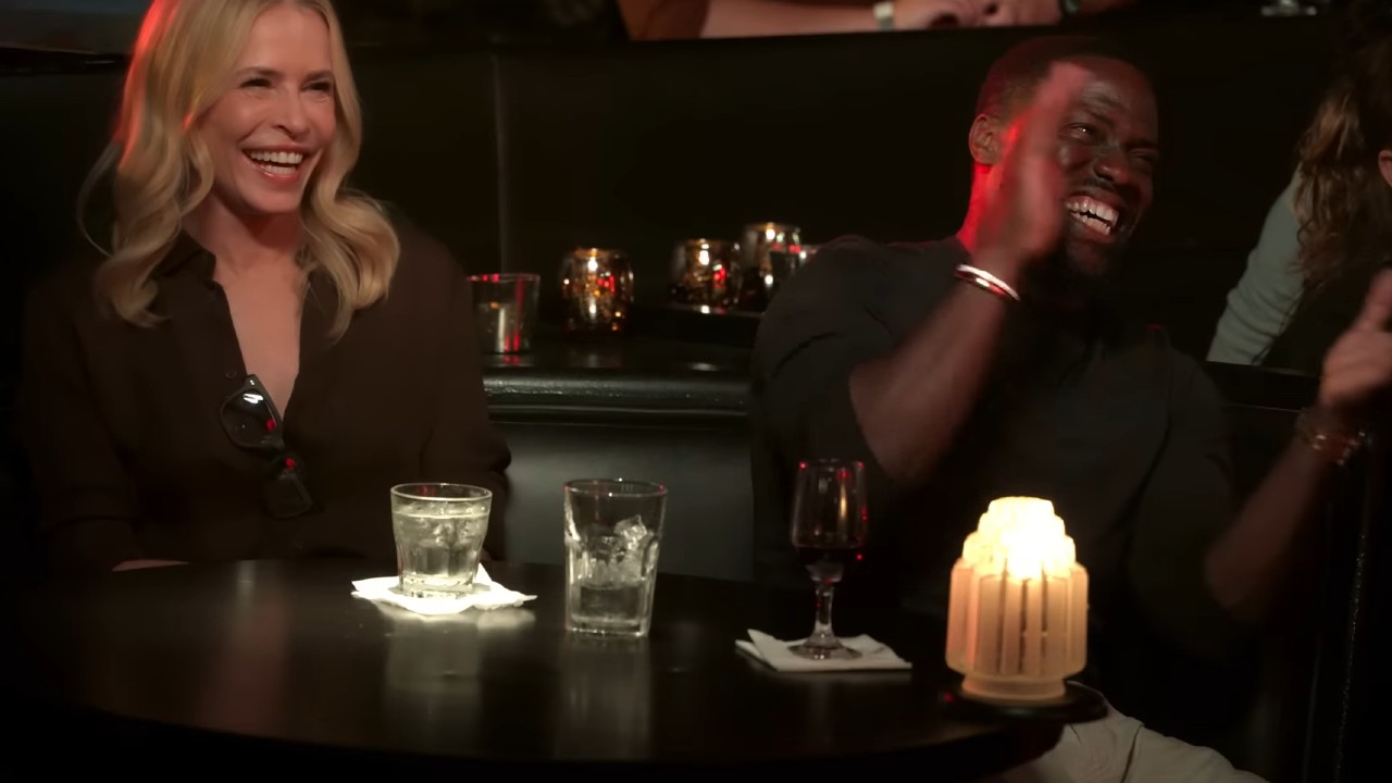 Kevin Hart and Chelsea Handler laughing in Funny AF with Kevin Hart.