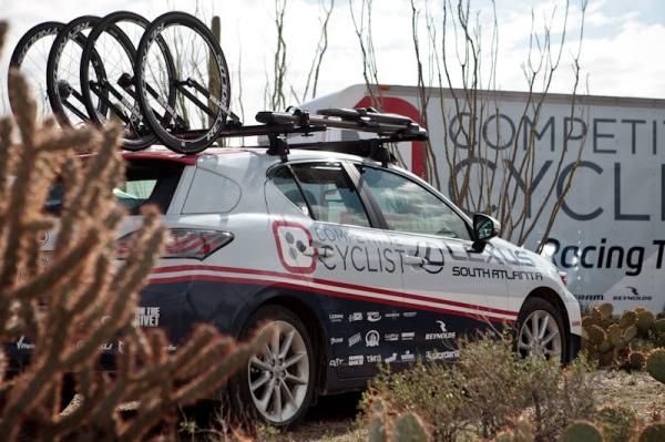 A fancy new hybrid Lexus team car waits for the new season.