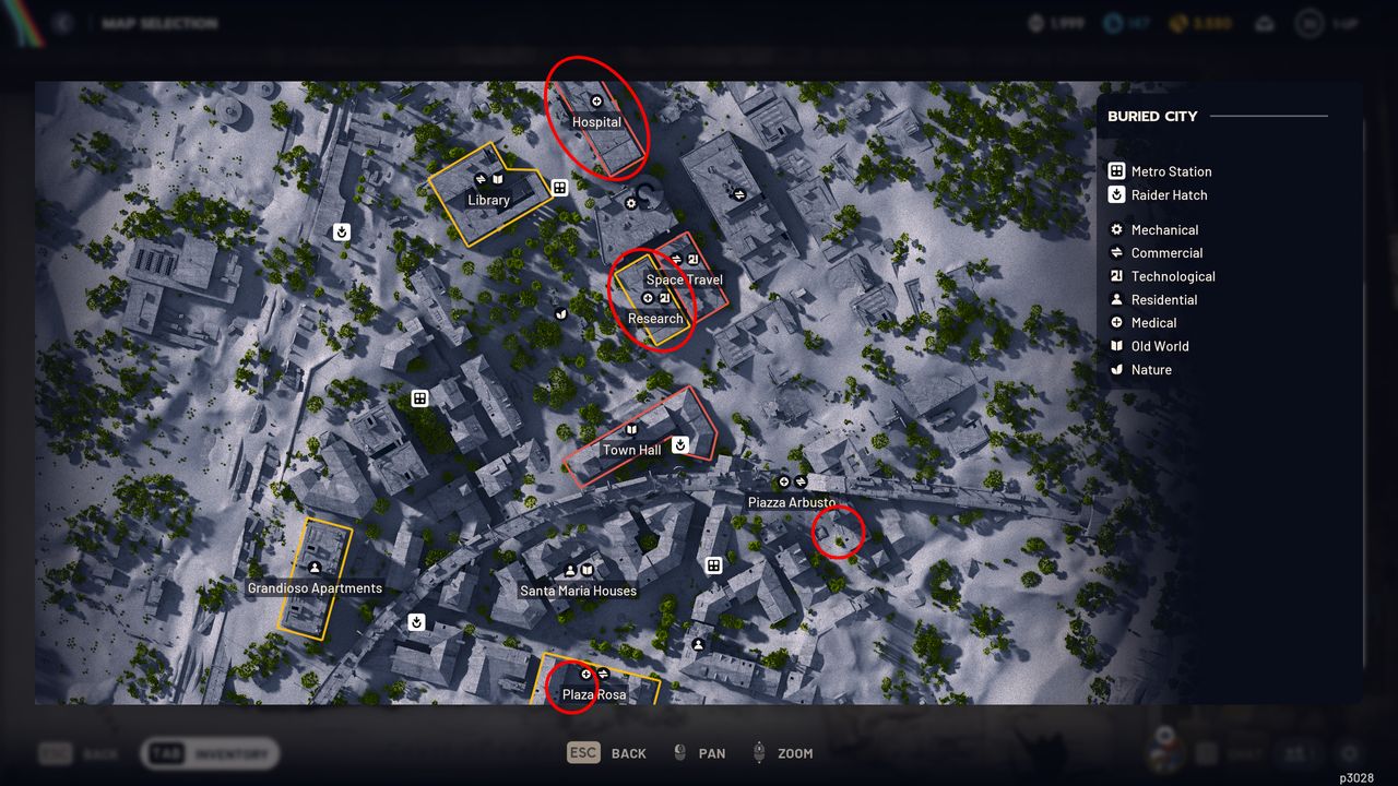 Arc Raiders laboratory reagents: A map of Buried City with four red ovals/circles highlighting key areas to find lab reagents.