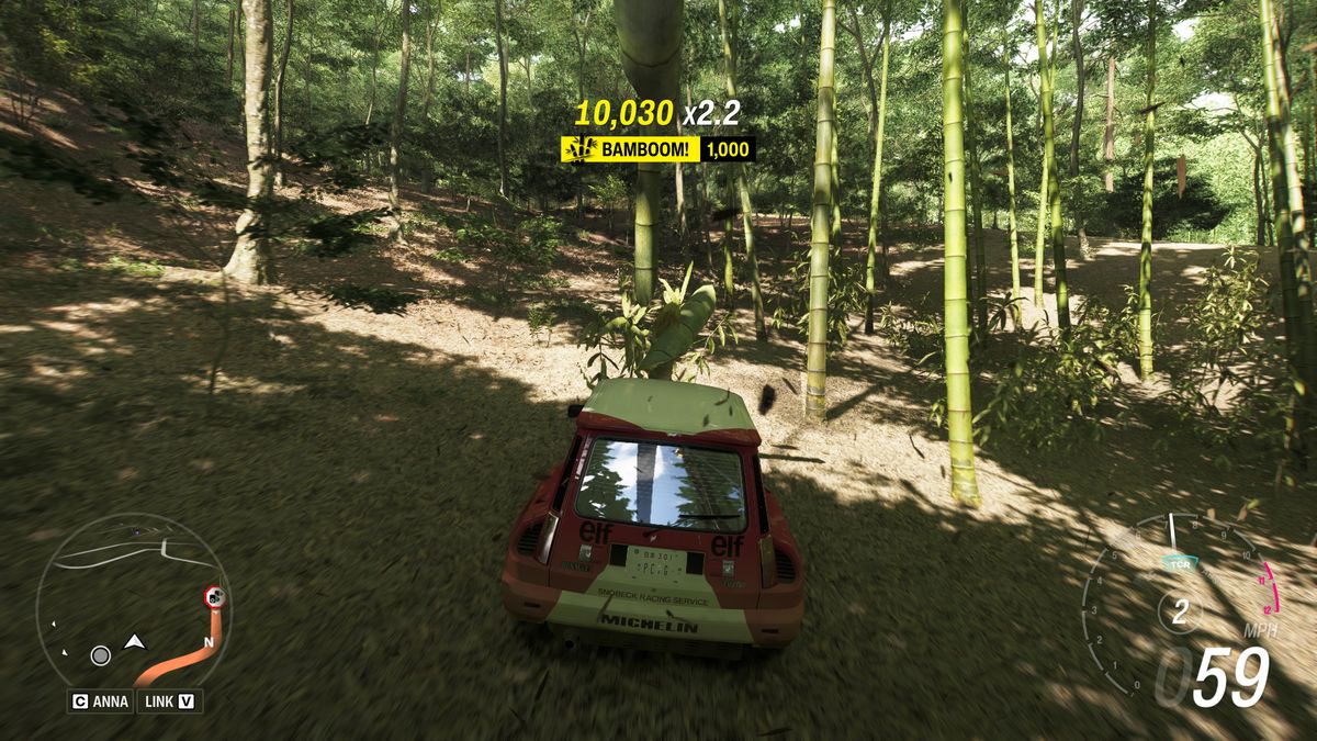 Forza Horizon 6 Bamboo Bash: A player driving through a forest of bamboo in a Renault 5 Turbo.