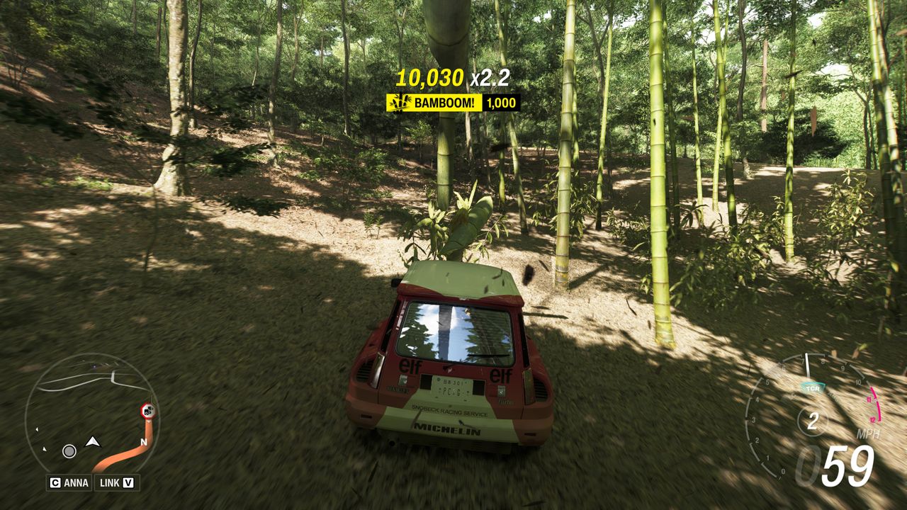 Forza Horizon 6 Bamboo Bash: A player driving through a forest of bamboo in a Renault 5 Turbo.
