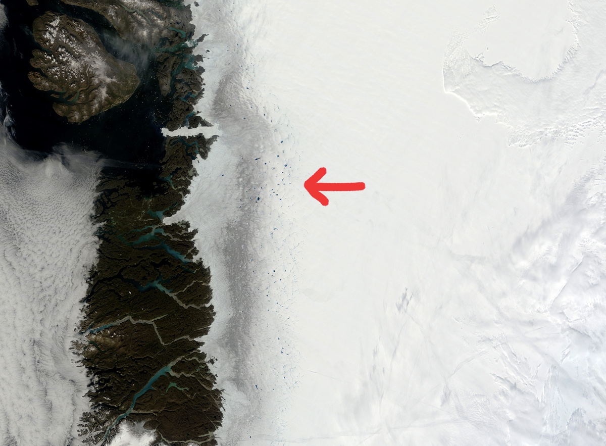 Satellite images reveal the dark zone of the Greenland ice sheet, which is leading to a positive feedback effect where melt begets melt.