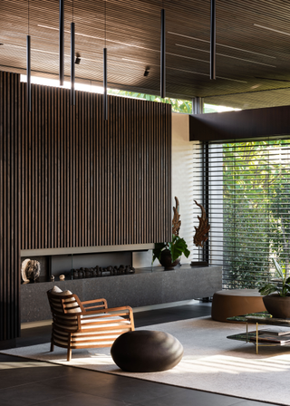 A living room with wood accents