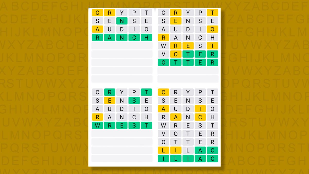Quordle answers for game 1578 on a yellow background